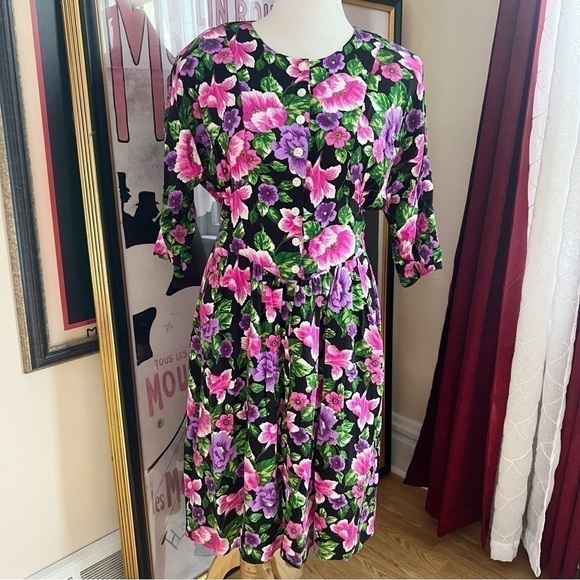 Caroline Wells Collection VTG Button Front Secretary Floral Dolman Sleeve Dress - Picture 1 of 11